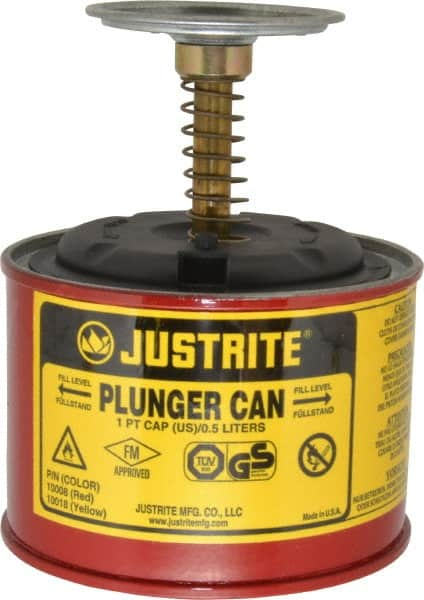 Justrite - 1 Pint Capacity, 5-1/4 Inch High x 4-7/8 Inch Diameter, Steel Plunger Can - 2-3/4 Inch Dasher Diameter, Red, Approval Listing/Regulation FM - Americas Tooling