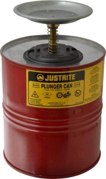 Justrite - 4 Quart Capacity, 10-1/2 Inch High x 7-1/4 Inch Diameter, Steel Plunger Can - 5 Inch Dasher Diameter, Red, Approval Listing/Regulation FM - Americas Tooling