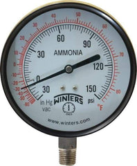 Winters - 4" Dial, 1/4 Thread, 30-0-150 Scale Range, Pressure Gauge - Lower Connection Mount, Accurate to 3-2-3% of Scale - Americas Tooling