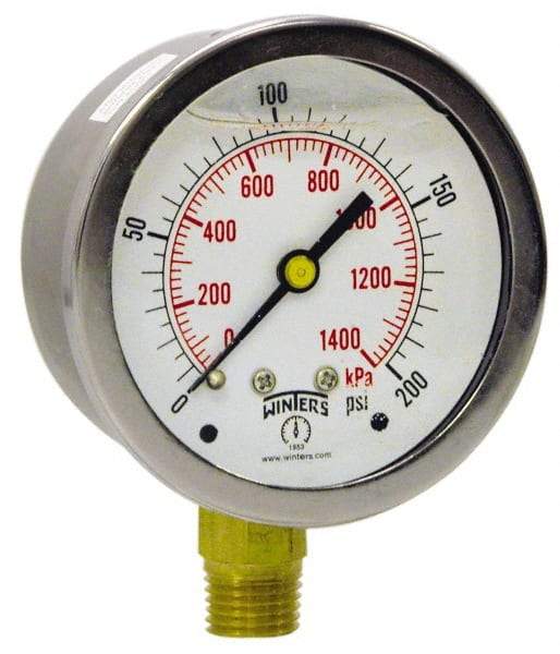 Winters - 2-1/2" Dial, 1/4 Thread, 0-1,000 Scale Range, Pressure Gauge - Lower Connection Mount, Accurate to 1.5% of Scale - Americas Tooling