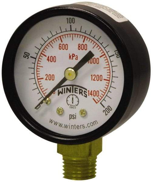 Winters - 2" Dial, 1/4 Thread, 0-300 Scale Range, Pressure Gauge - Lower Connection Mount, Accurate to 3-2-3% of Scale - Americas Tooling