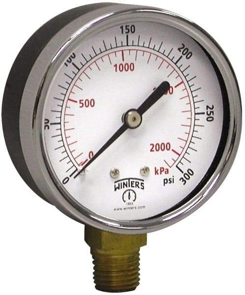 Winters - 2-1/2" Dial, 1/4 Thread, 0-300 Scale Range, Pressure Gauge - Lower Connection Mount, Accurate to 3-2-3% of Scale - Americas Tooling