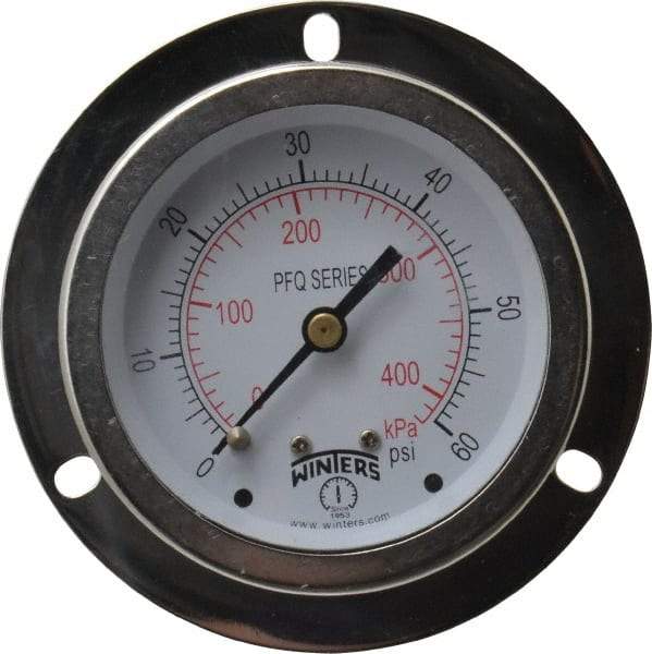 Winters - 2-1/2" Dial, 1/4 Thread, 0-60 Scale Range, Pressure Gauge - Front Flange Panel Mount, Center Back Connection Mount, Accurate to 1.5% of Scale - Americas Tooling