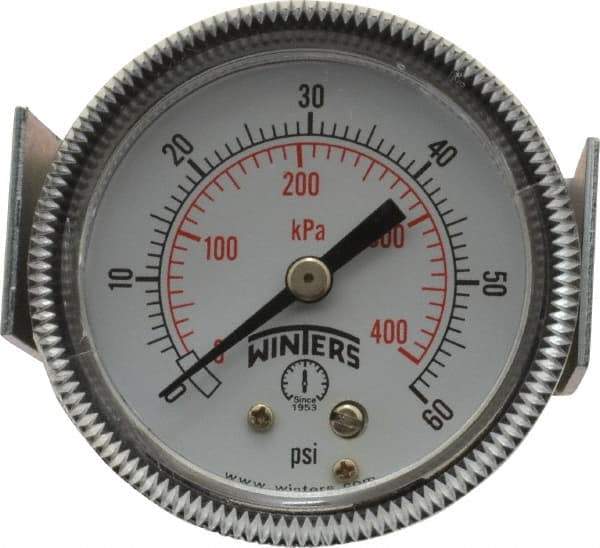 Winters - 2" Dial, 1/8 Thread, 0-60 Scale Range, Pressure Gauge - U-Clamp Panel Mount, Center Back Connection Mount, Accurate to 2.5% of Scale - Americas Tooling