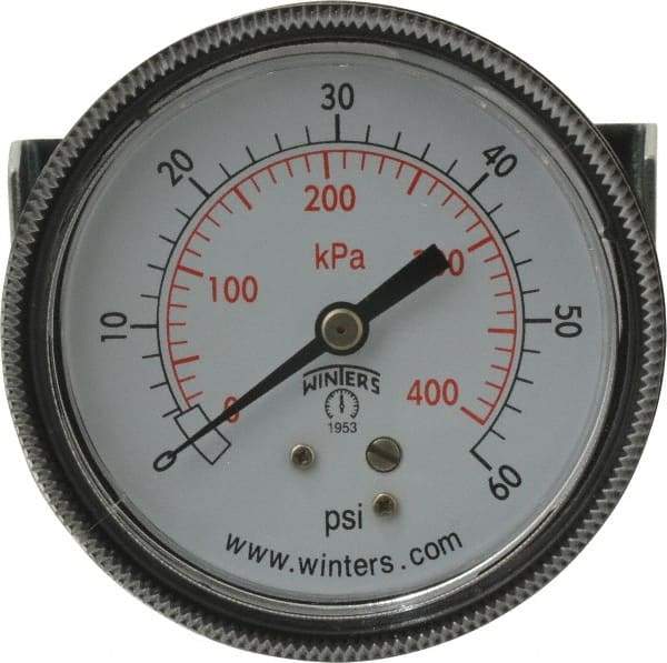 Winters - 2-1/2" Dial, 1/4 Thread, 0-60 Scale Range, Pressure Gauge - U-Clamp Panel Mount, Center Back Connection Mount, Accurate to 2.5% of Scale - Americas Tooling