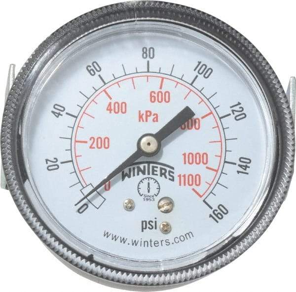 Winters - 2-1/2" Dial, 1/4 Thread, 0-160 Scale Range, Pressure Gauge - U-Clamp Panel Mount, Center Back Connection Mount, Accurate to 2.5% of Scale - Americas Tooling