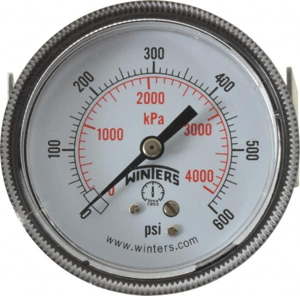 Winters - 2-1/2" Dial, 1/4 Thread, 0-600 Scale Range, Pressure Gauge - U-Clamp Panel Mount, Center Back Connection Mount, Accurate to 2.5% of Scale - Americas Tooling