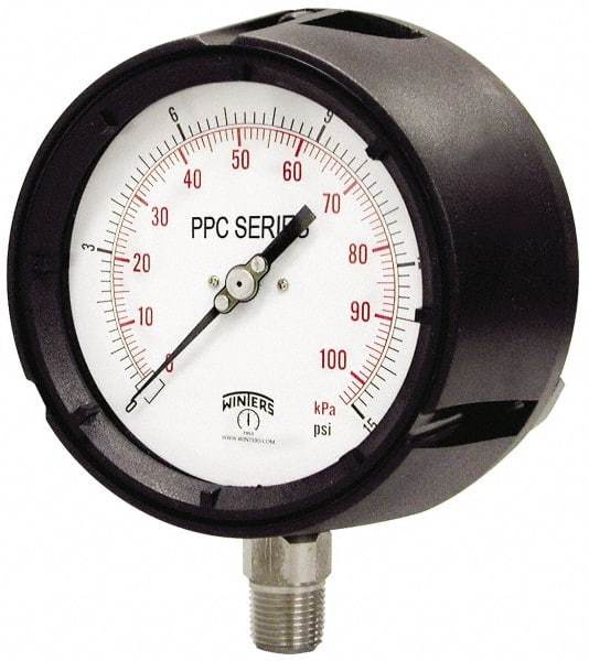 Winters - 4-1/2" Dial, 1/2 Thread, 0-10,000 Scale Range, Pressure Gauge - Lower Connection Mount, Accurate to 0.5% of Scale - Americas Tooling