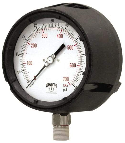 Winters - 4-1/2" Dial, 1/2 Thread, 0-300 Scale Range, Pressure Gauge - Lower Connection Mount, Accurate to 0.5% of Scale - Americas Tooling