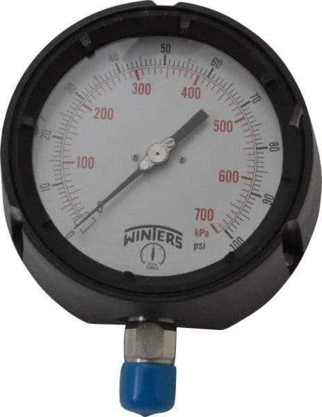 Winters - 4-1/2" Dial, 1/2 Thread, 0-100 Scale Range, Pressure Gauge - Lower Connection Mount, Accurate to 0.5% of Scale - Americas Tooling