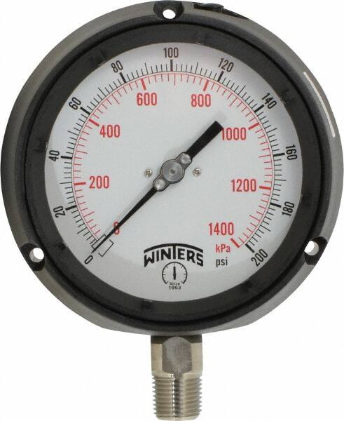 Winters - 4-1/2" Dial, 1/2 Thread, 0-200 Scale Range, Pressure Gauge - Lower Connection Mount, Accurate to 0.5% of Scale - Americas Tooling