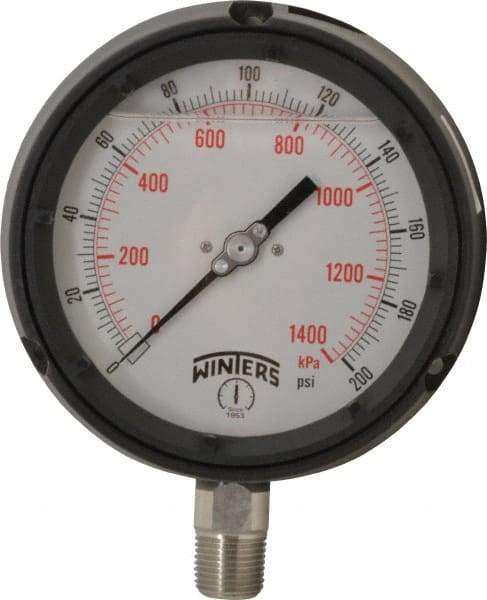 Winters - 4-1/2" Dial, 1/2 Thread, 0-200 Scale Range, Pressure Gauge - Lower Connection Mount, Accurate to 0.5% of Scale - Americas Tooling