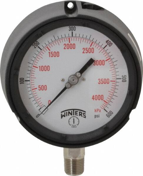 Winters - 4-1/2" Dial, 1/2 Thread, 0-600 Scale Range, Pressure Gauge - Lower Connection Mount, Accurate to 0.5% of Scale - Americas Tooling