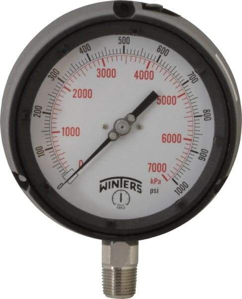 Winters - 4-1/2" Dial, 1/2 Thread, 0-1,000 Scale Range, Pressure Gauge - Lower Connection Mount, Accurate to 0.5% of Scale - Americas Tooling