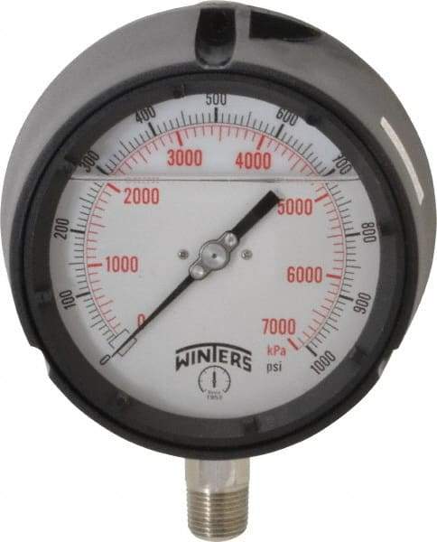 Winters - 4-1/2" Dial, 1/2 Thread, 0-1,000 Scale Range, Pressure Gauge - Lower Connection Mount, Accurate to 0.5% of Scale - Americas Tooling