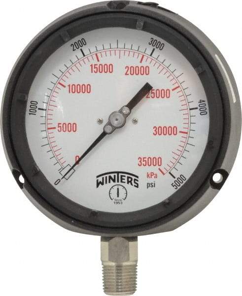 Winters - 4-1/2" Dial, 1/2 Thread, 0-5,000 Scale Range, Pressure Gauge - Lower Connection Mount, Accurate to 0.5% of Scale - Americas Tooling