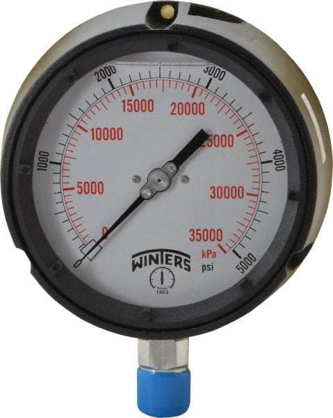 Winters - 4-1/2" Dial, 1/2 Thread, 0-5,000 Scale Range, Pressure Gauge - Lower Connection Mount, Accurate to 0.5% of Scale - Americas Tooling