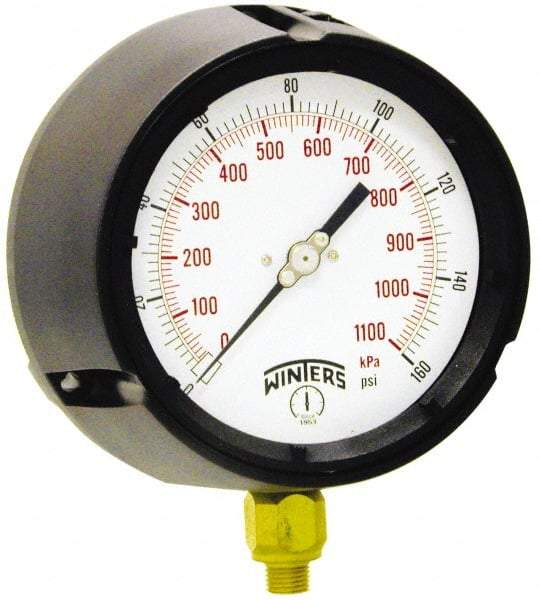 Winters - 4-1/2" Dial, 1/4 Thread, 0-200 Scale Range, Pressure Gauge - Lower Connection Mount, Accurate to 0.5% of Scale - Americas Tooling