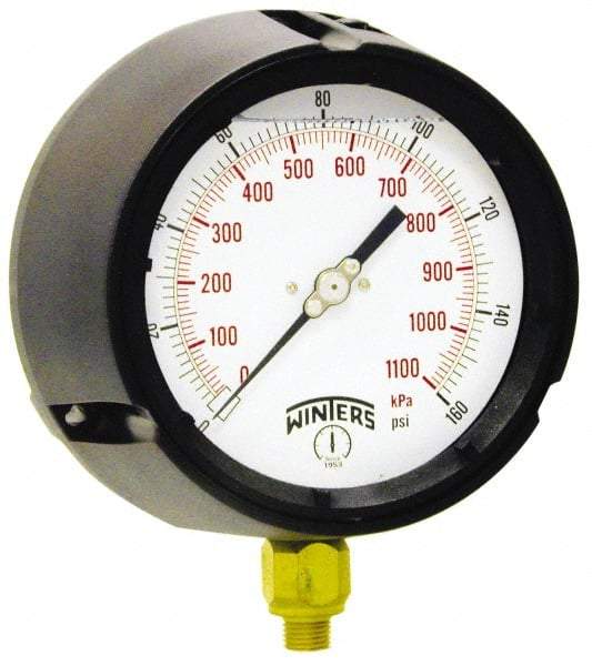 Winters - 4-1/2" Dial, 1/4 Thread, 0-400 Scale Range, Pressure Gauge - Lower Connection Mount, Accurate to 0.5% of Scale - Americas Tooling