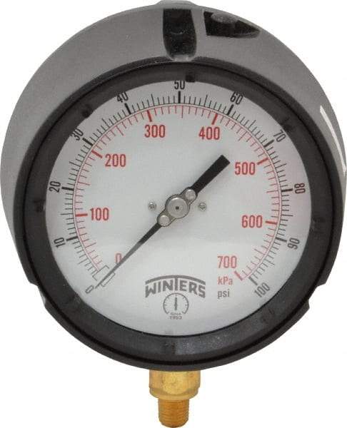 Winters - 4-1/2" Dial, 1/4 Thread, 0-100 Scale Range, Pressure Gauge - Lower Connection Mount, Accurate to 0.5% of Scale - Americas Tooling