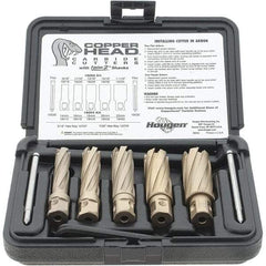 Hougen - 8 Piece, 9/16 to 1-1/16" Cutter Diam, 2" Cutting Depth, Carbide-Tipped Annular Cutter Set - Bright Finish, 3/4" Shank Diam, 9/16, 11/16, 13/16, 15/16, 1-1/16" Cutter Diams, 2 Flats on Shank - Americas Tooling