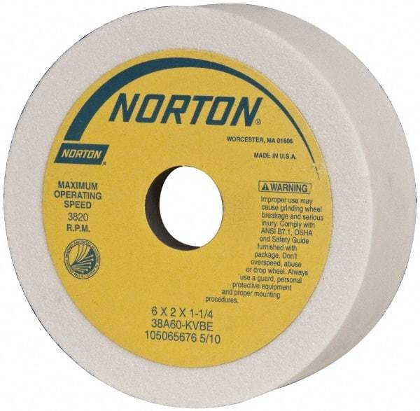 Norton - 6" Diam, 1-1/4" Hole Size, 2" Overall Thickness, 60 Grit, Type 6 Tool & Cutter Grinding Wheel - Medium Grade, Aluminum Oxide, K Hardness, Vitrified Bond, 3,820 RPM - Americas Tooling