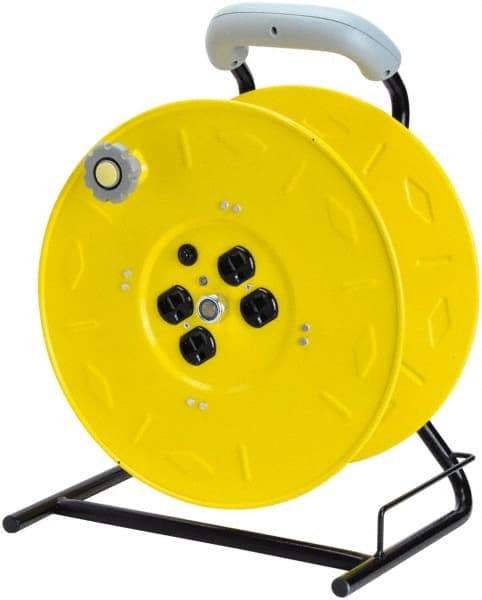 Value Collection - 12 AWG, 100' Cable Length, Cord & Cable Reel with Outlet End, No Cable - 4 Outlets, NEMA 5-15R, 15 Amps, 125 Volts, SO Cable, Yellow Reel, Hand Crank Reel - Americas Tooling