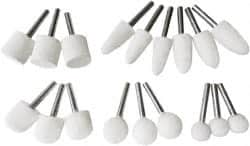 Value Collection - 18 Piece, 1/4" Shank Diam, Wool Felt Bob Set - Medium Density, Includes Ball, Cone, Cylinder, Flame, Olive & Oval Bobs - Americas Tooling