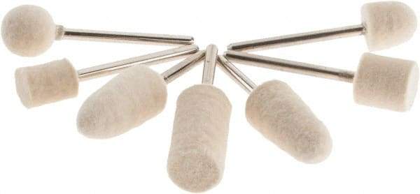 Value Collection - 7 Piece, 1/8" Shank Diam, Wool Felt Bob Set - Medium Density, Includes Ball, Cone, Cylinder, Flame, Olive & Oval Bobs - Americas Tooling