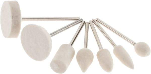 Value Collection - 7 Piece, 3/32" Shank Diam, Wool Felt Bob Set - Medium Density, Includes Ball, Cone, Cylinder, Flame, Olive & Oval Bobs - Americas Tooling