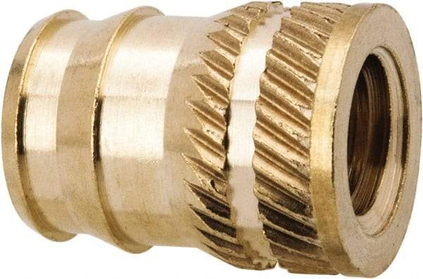 E-Z LOK - 1/4-20, 0.321" Small to 0.363" Large End Hole Diam, Brass Double Vane Tapered Hole Threaded Insert - 3/8" Insert, 0.332" Pilot Diam, 1/2" OAL, 0.194" Min Wall Thickness, 11/32" Drill, 0.194" Min Grip - Americas Tooling