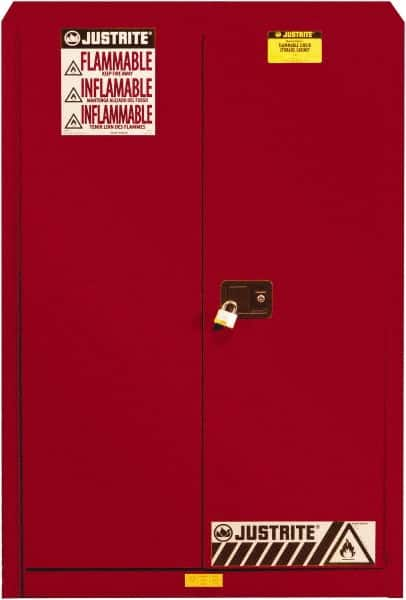 Justrite - 2 Door, 5 Shelf, Red Steel Standard Safety Cabinet for Flammable and Combustible Liquids - 65" High x 43" Wide x 18" Deep, Self Closing Door, 3 Point Key Lock, 60 Gal Capacity - Americas Tooling