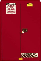 Justrite - 2 Door, 5 Shelf, Red Steel Standard Safety Cabinet for Flammable and Combustible Liquids - 65" High x 43" Wide x 18" Deep, Self Closing Door, 3 Point Key Lock, 60 Gal Capacity - Americas Tooling