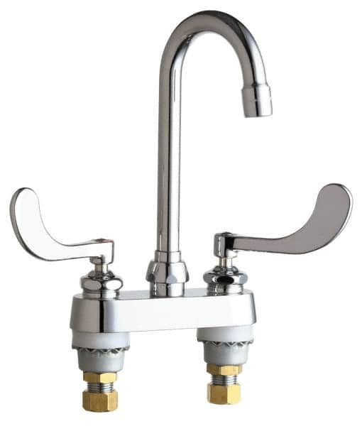 Chicago Faucets - Wrist Blade Handle, Deck Mounted Bathroom Faucet - Two Handle, Educational and Healthcare Drain, Gooseneck Spout - Americas Tooling