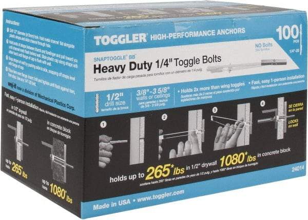 Toggler - 1/4" Screw, 6-1/4" Long, 3/8 to 3-5/8" Thick, Toggle Bolt Drywall & Hollow Wall Anchor - 1/4 - 20" Thread, 1/2" Drill, Zinc Plated, Steel, Grade 1010, Use in Drywall - Americas Tooling