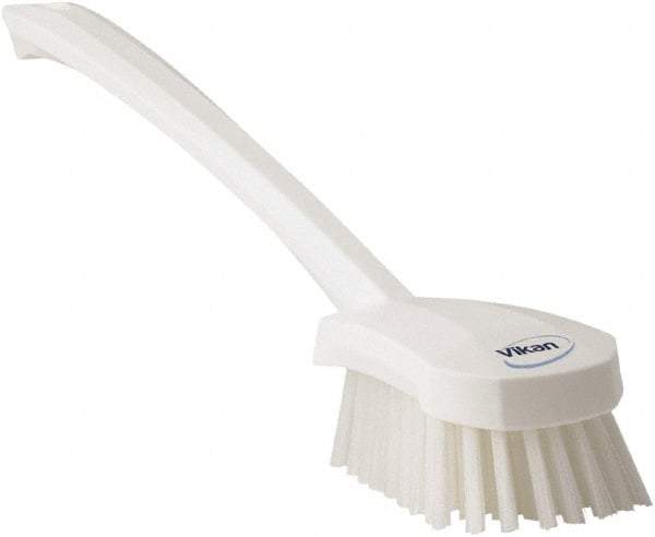 Vikan - 1.3" Bristle Length, Polyester Scrub Brush - 4" Long x 2-3/4" Wide Head, 15-3/4" OAL, White, Polypropylene Block - Americas Tooling