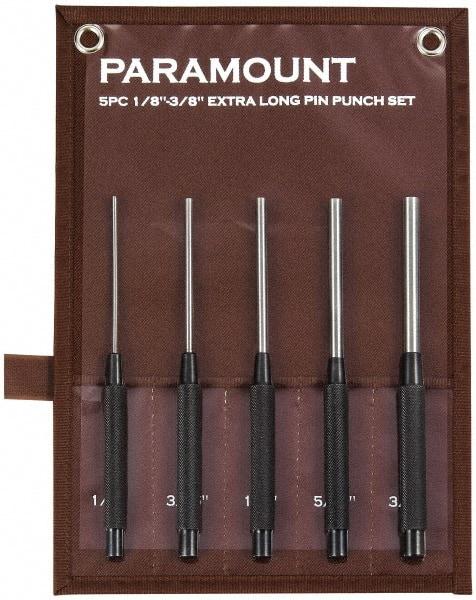 Paramount - 5 Piece, 1/8 to 3/8", Pin Punch Set - Round Shank, Steel, Comes in Canvas Roll - Americas Tooling