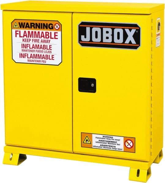 Jobox - 2 Door, 1 Shelf, Yellow Steel Standard Safety Cabinet for Flammable and Combustible Liquids - 49" High x 46-3/32" Wide x 19-5/8" Deep, Manual Closing Door, 30 Gal Capacity - Americas Tooling