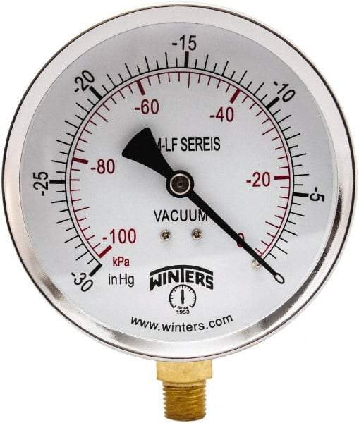 Winters - 4" Dial, 1/4 Thread, 30" HG Vac Scale Range, Pressure Gauge - Lower Connection Mount, Accurate to 3-2-3% of Scale - Americas Tooling