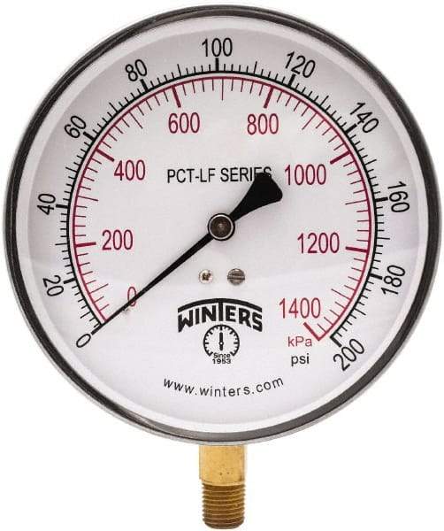 Winters - 4-1/2" Dial, 1/4 Thread, 0-200 Scale Range, Pressure Gauge - Lower Connection Mount, Accurate to 0.01% of Scale - Americas Tooling