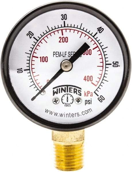 Winters - 2" Dial, 1/4 Thread, 0-60 Scale Range, Pressure Gauge - Lower Connection Mount, Accurate to 3-2-3% of Scale - Americas Tooling