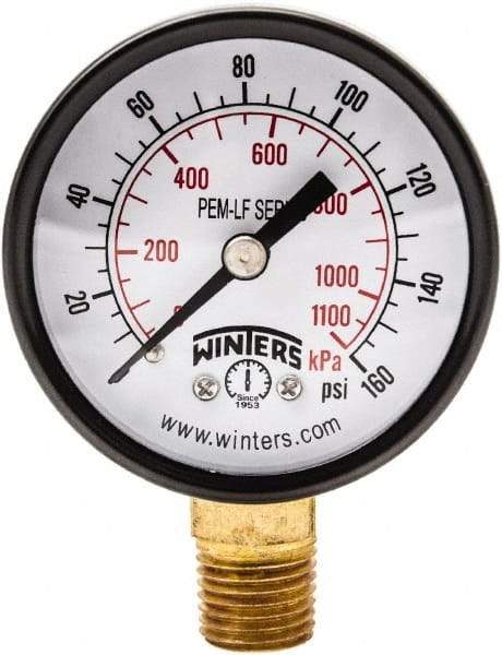 Winters - 2" Dial, 1/4 Thread, 0-160 Scale Range, Pressure Gauge - Lower Connection Mount, Accurate to 3-2-3% of Scale - Americas Tooling