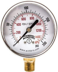 Winters - 2-1/2" Dial, 1/4 Thread, 0-200 Scale Range, Pressure Gauge - Lower Connection Mount, Accurate to 3-2-3% of Scale - Americas Tooling