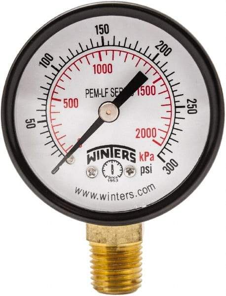 Winters - 2" Dial, 1/4 Thread, 0-300 Scale Range, Pressure Gauge - Lower Connection Mount, Accurate to 3-2-3% of Scale - Americas Tooling