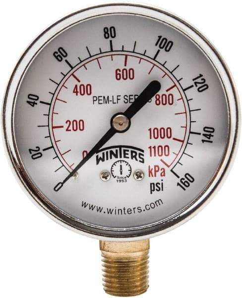 Winters - 2-1/2" Dial, 1/4 Thread, 0-160 Scale Range, Pressure Gauge - Lower Connection Mount, Accurate to 3-2-3% of Scale - Americas Tooling