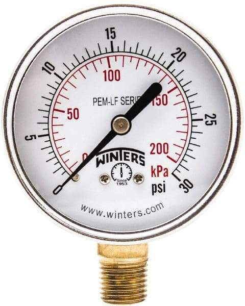 Winters - 2-1/2" Dial, 1/4 Thread, 0-30 Scale Range, Pressure Gauge - Lower Connection Mount, Accurate to 3-2-3% of Scale - Americas Tooling