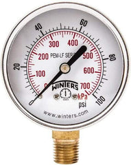 Winters - 2-1/2" Dial, 1/4 Thread, 0-100 Scale Range, Pressure Gauge - Lower Connection Mount, Accurate to 3-2-3% of Scale - Americas Tooling