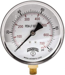 Winters - 4" Dial, 1/4 Thread, 0-100 Scale Range, Pressure Gauge - Lower Connection Mount, Accurate to 3-2-3% of Scale - Americas Tooling