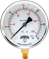 Winters - 4" Dial, 1/4 Thread, 0-30 Scale Range, Pressure Gauge - Lower Connection Mount, Accurate to 3-2-3% of Scale - Americas Tooling