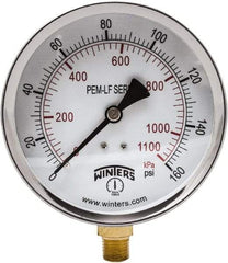 Winters - 4" Dial, 1/4 Thread, 0-160 Scale Range, Pressure Gauge - Lower Connection Mount, Accurate to 3-2-3% of Scale - Americas Tooling